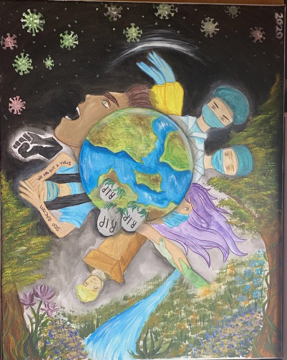 Qahramany Semin's artwork shows the world in the centre with three gravestones marked RIP. It is surrounded by various figures, including two masked doctos, a BLM symbol, and COVID-19 viruses floating like stars in a dark sky.