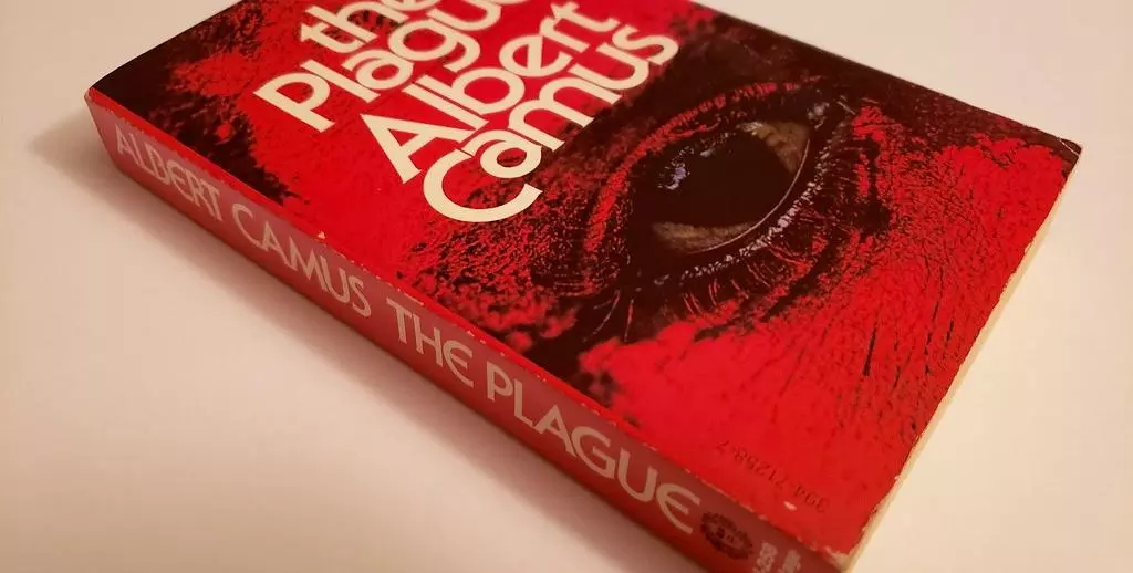 Image of Albert Camus's book entitled The Plague. The cover is red with a large eye.