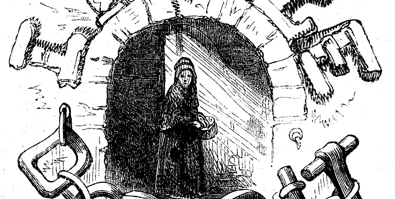 Engraving of Little Dorrit in the entrance to a tunnel