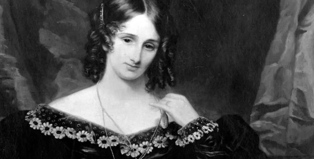 Black and white painted portrait of Mary Shelley 